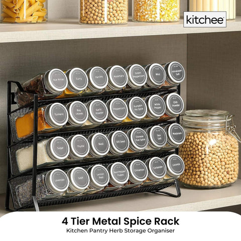Kitchee 4-Tier Metal Spice Rack with 28 Glass Jars - Kitchen Organiser 35cm x 9.5cm x 23.5cm - SuperSaverAU - view 2
