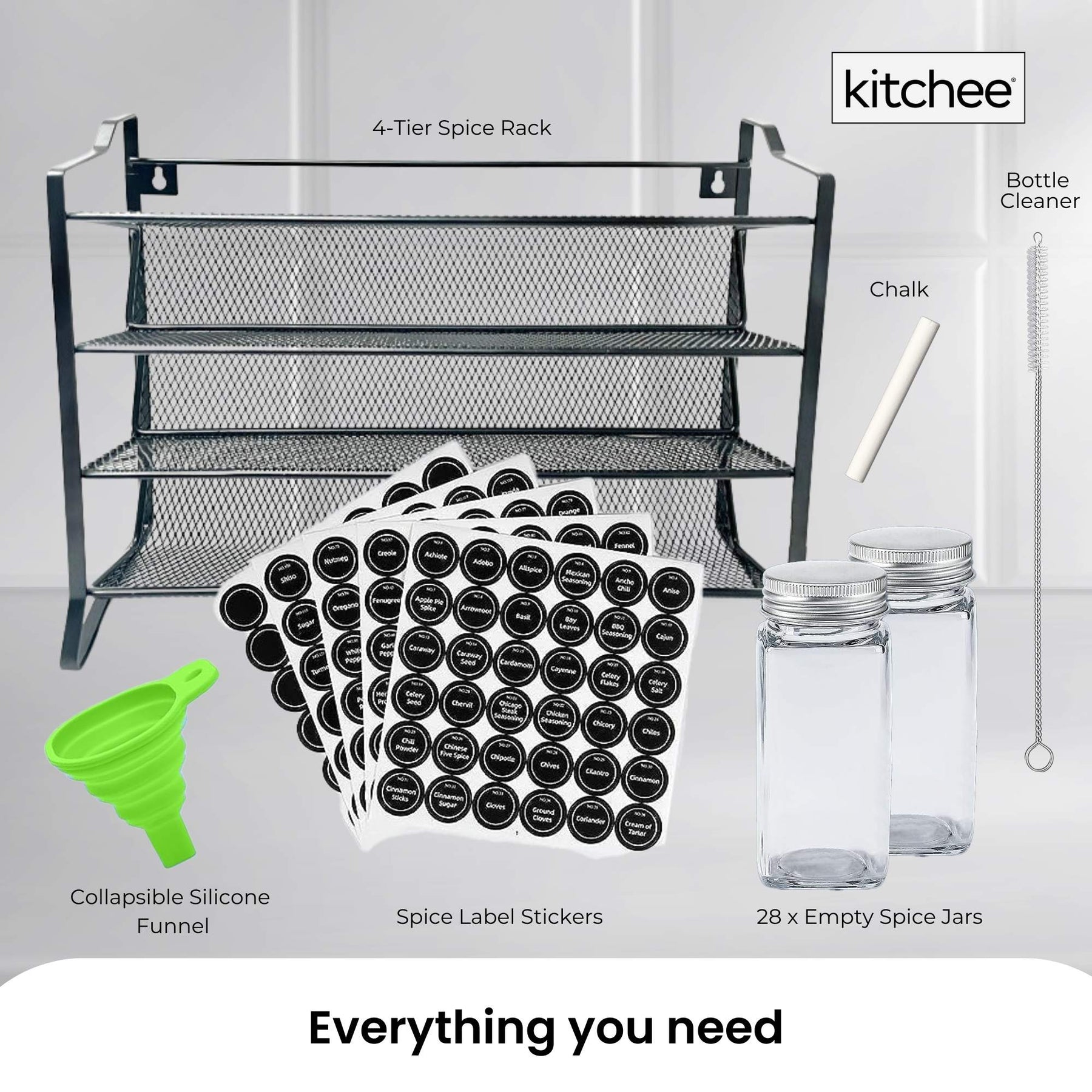 Kitchee 4-Tier Metal Spice Rack with 28 Glass Jars - Kitchen Organiser 35cm x 9.5cm x 23.5cm - SuperSaverAU - view 3