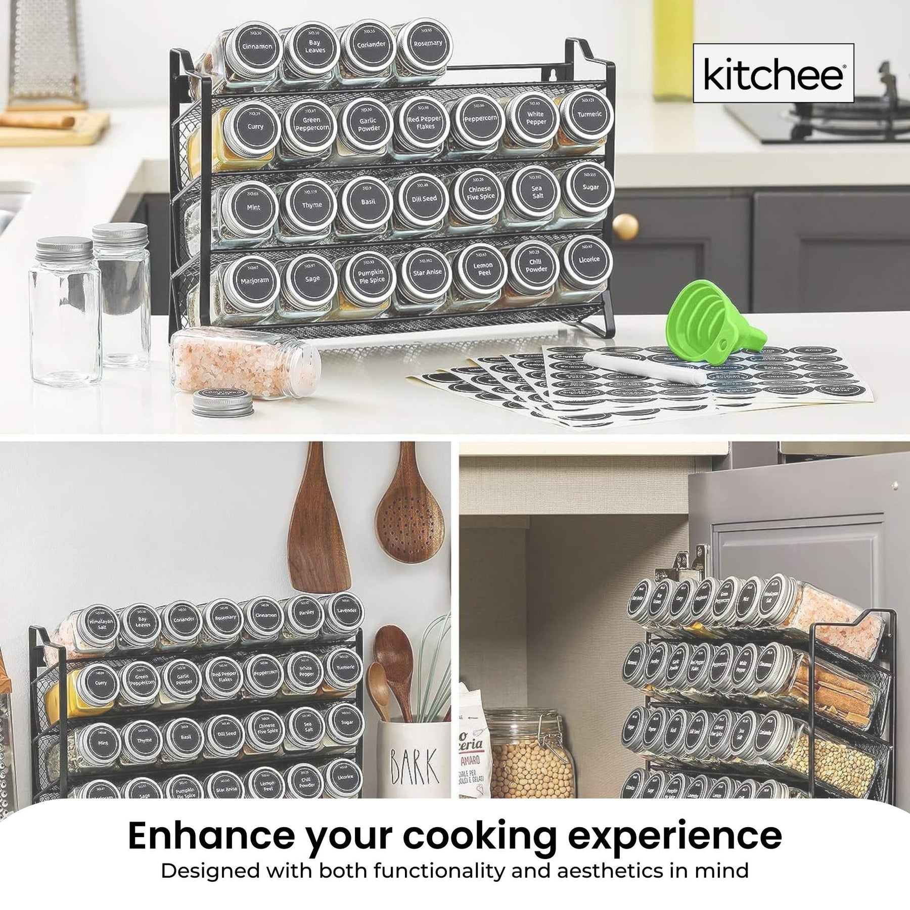 Kitchee 4-Tier Metal Spice Rack with 28 Glass Jars - Kitchen Organiser 35cm x 9.5cm x 23.5cm - SuperSaverAU - view 4