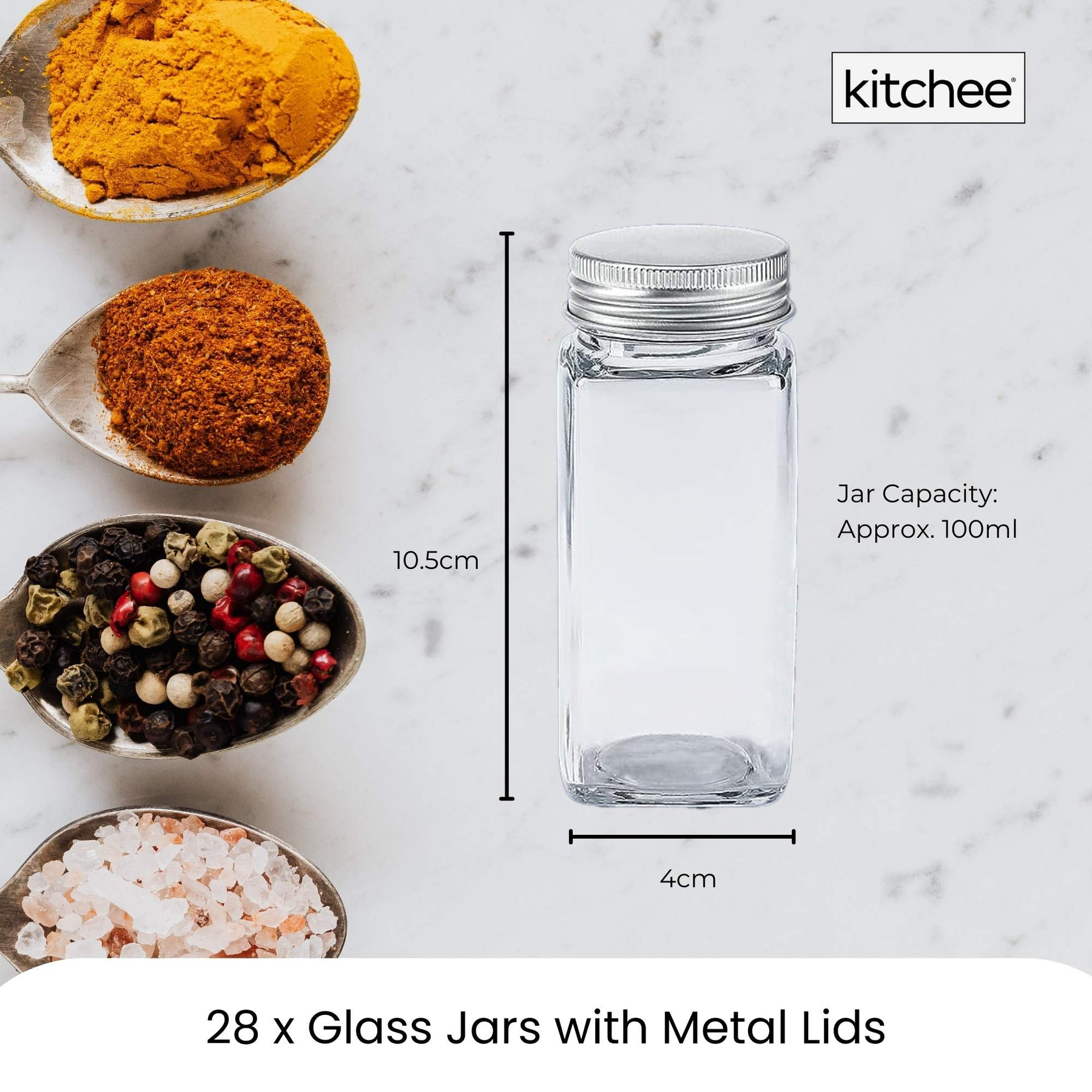 Kitchee 4-Tier Metal Spice Rack with 28 Glass Jars - Kitchen Organiser 35cm x 9.5cm x 23.5cm - SuperSaverAU - view 7
