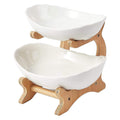 Premium 2-Tier Porcelain Fruit Bowl with Bamboo Stand - White