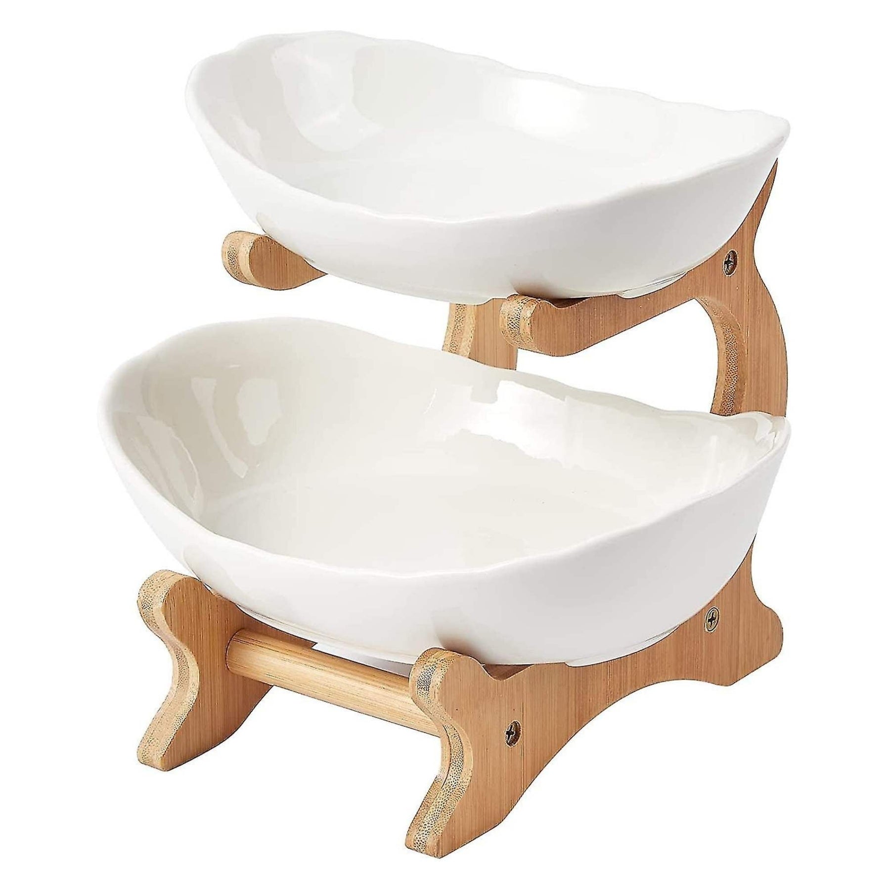 Premium 2-Tier Porcelain Fruit Bowl with Bamboo Stand - White