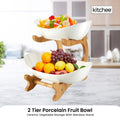 Premium 2-Tier Porcelain Fruit Bowl with Bamboo Stand - White
