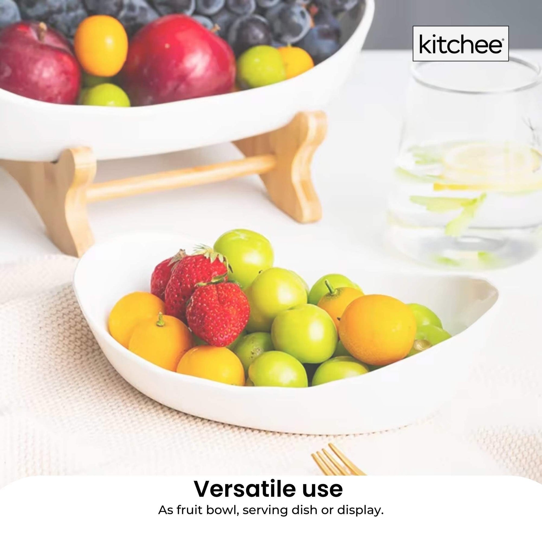 Premium 2-Tier Porcelain Fruit Bowl with Bamboo Stand - White