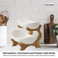 Premium 2-Tier Porcelain Fruit Bowl with Bamboo Stand - White