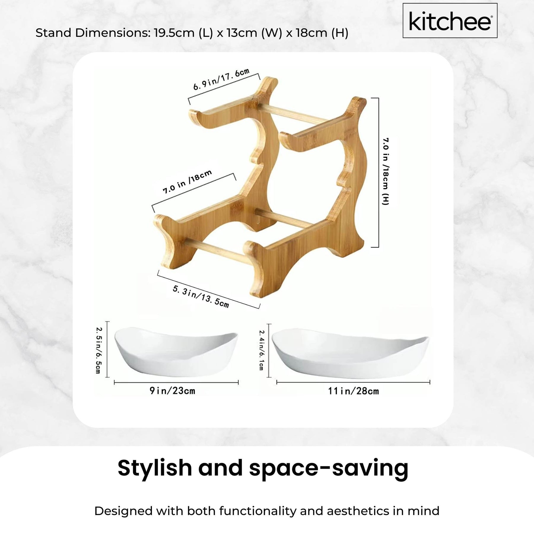 Premium 2-Tier Porcelain Fruit Bowl with Bamboo Stand - White