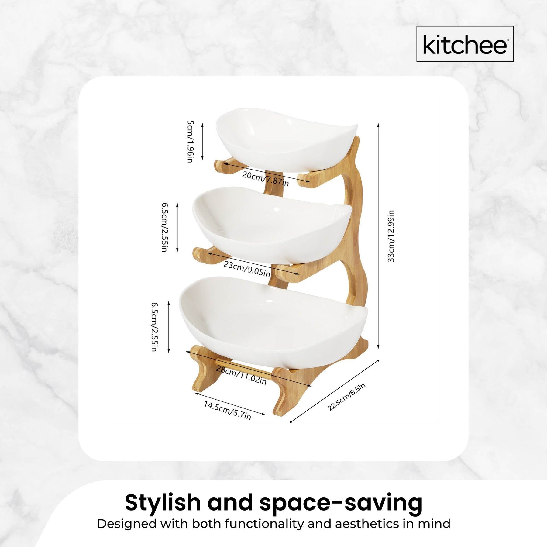Three-Tier Serving Stand with Porcelain Bowls & Bamboo Frame - 3 Bowls - SuperSaverAU - view 2