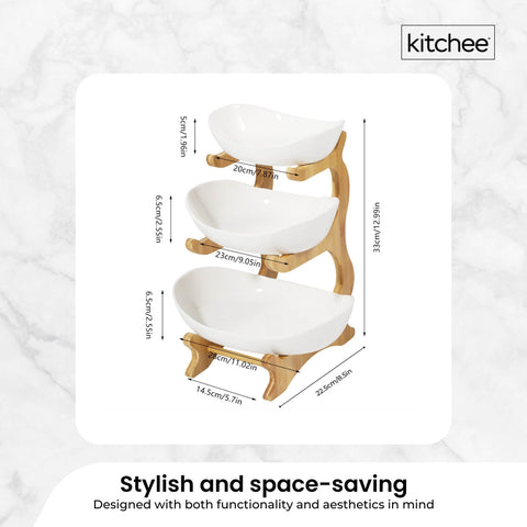 Three-Tier Serving Stand with Porcelain Bowls & Bamboo Frame - 3 Bowls - SuperSaverAU - view 2