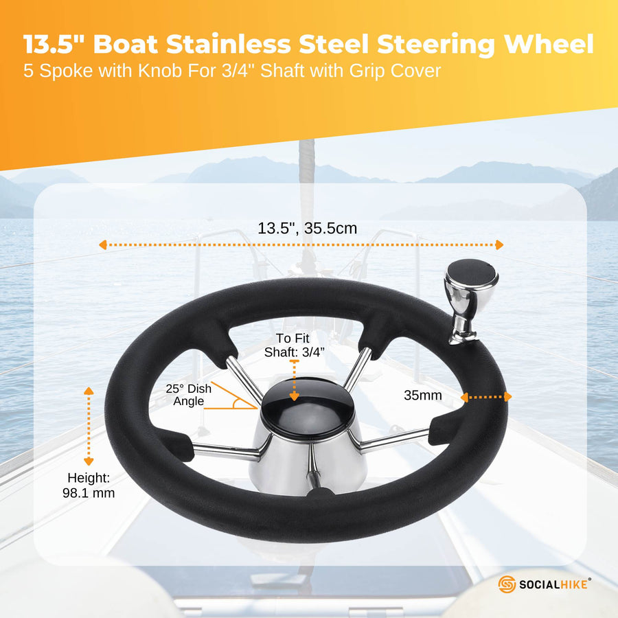 14" Boat Steering Wheel - Stainless Steel, 5 Spoke, Ergonomic Grip, Knob - SuperSaverAU - view 1