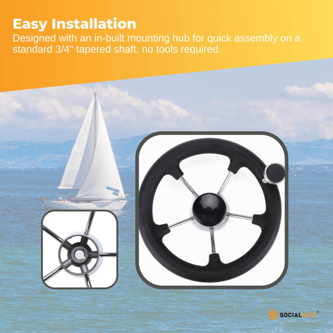 14" Boat Steering Wheel - Stainless Steel, 5 Spoke, Ergonomic Grip, Knob - SuperSaverAU - view 2