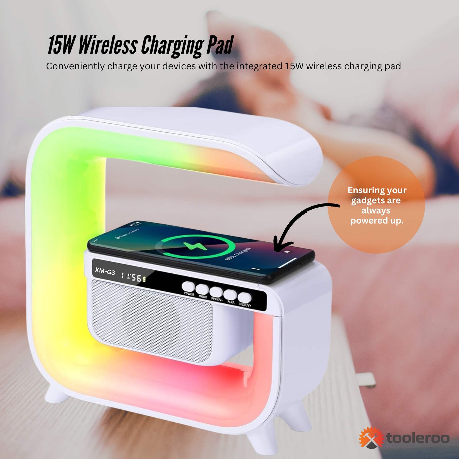 Premium Bluetooth Speaker with 15W Wireless Charger LED Lamp and Alarm Clock