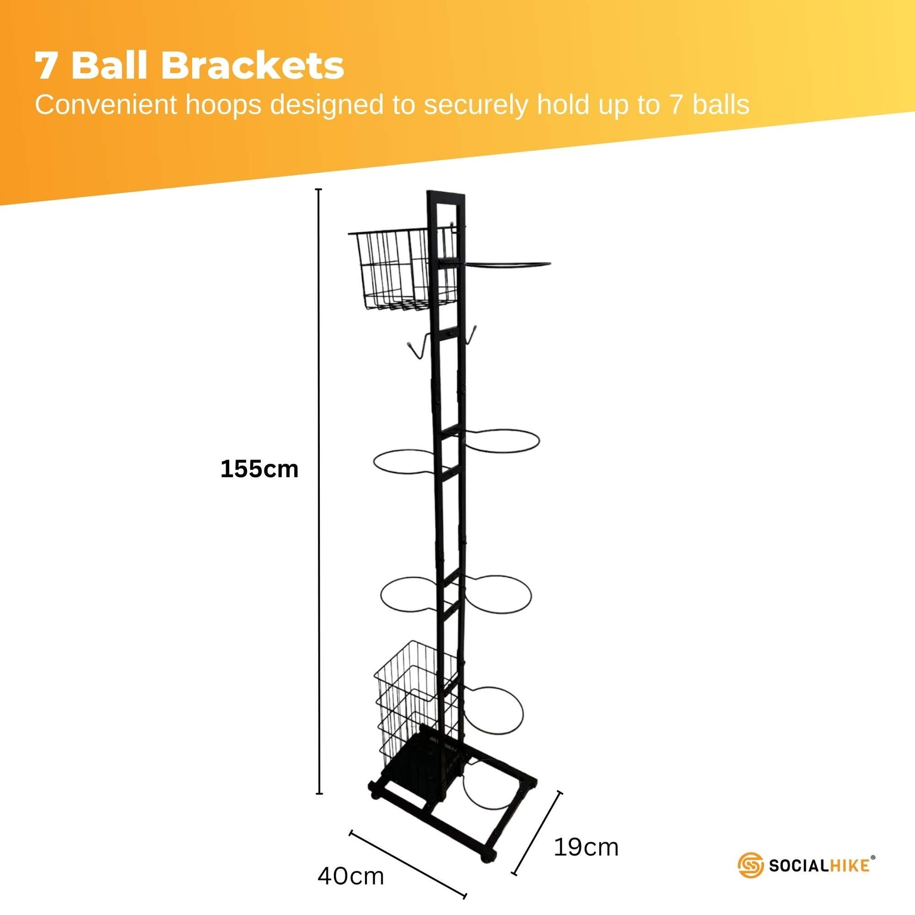 Premium 7-Tier Sports Equipment Storage Rack with Ball Holders - Black