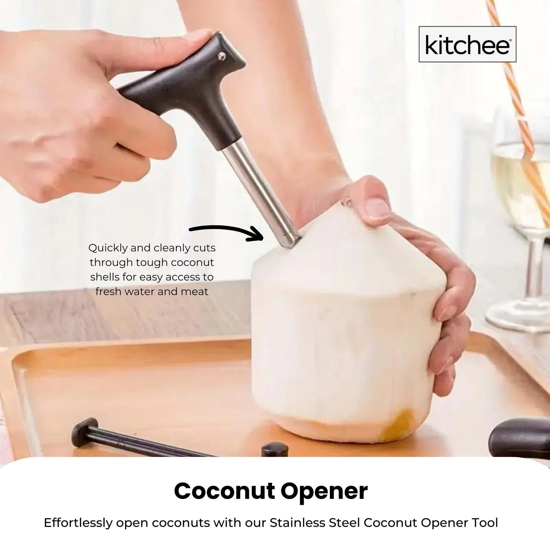 Kitchee Coconut Opener Tool - Stainless Steel, Compact 13cm x 9.5cm x 12.5cm
