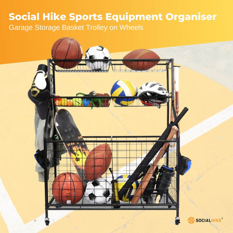 Social Hike Sports Equipment Organiser Trolley on Wheels - 93x42x117cm, Black - SuperSaverAU - view 2