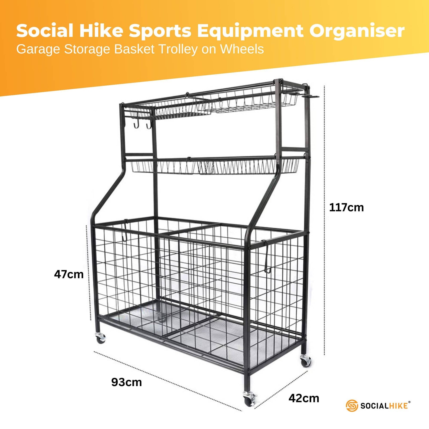 Social Hike Sports Equipment Organiser Trolley on Wheels - 93x42x117cm, Black - SuperSaverAU - view 3