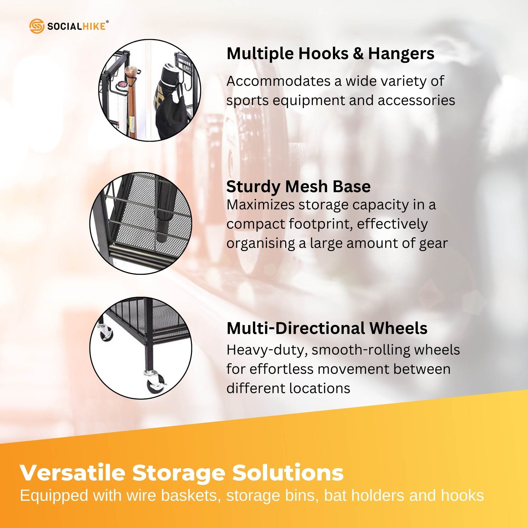 Social Hike Sports Equipment Organiser Trolley on Wheels - 93x42x117cm, Black - SuperSaverAU - view 4