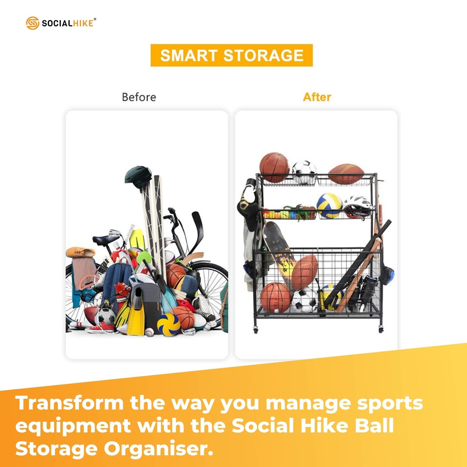 Social Hike Sports Equipment Organiser Trolley on Wheels - 93x42x117cm, Black - SuperSaverAU - view 5