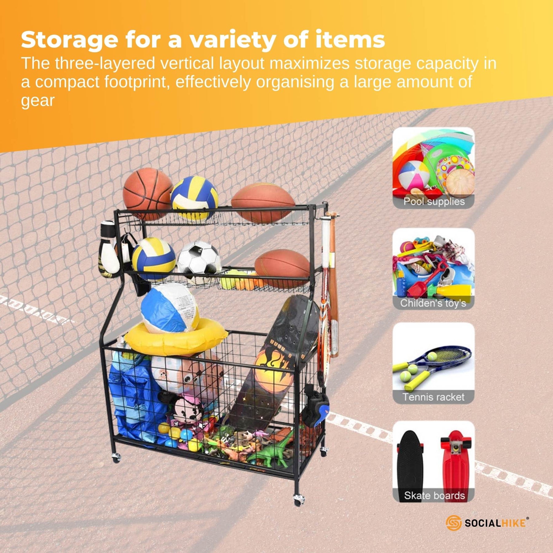 Social Hike Sports Equipment Organiser Trolley on Wheels - 93x42x117cm, Black - SuperSaverAU - view 6