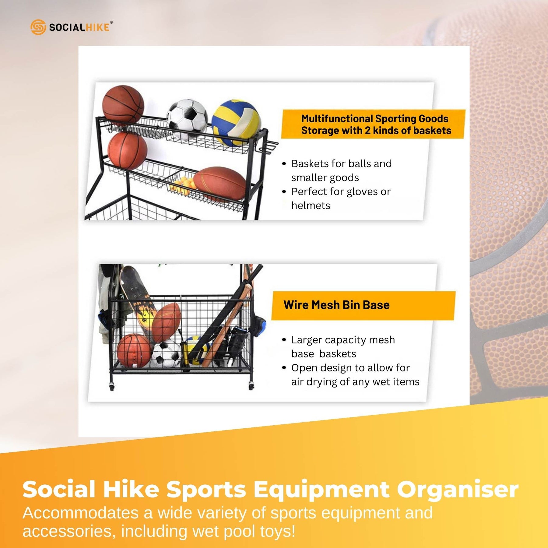Social Hike Sports Equipment Organiser Trolley on Wheels - 93x42x117cm, Black - SuperSaverAU - view 7