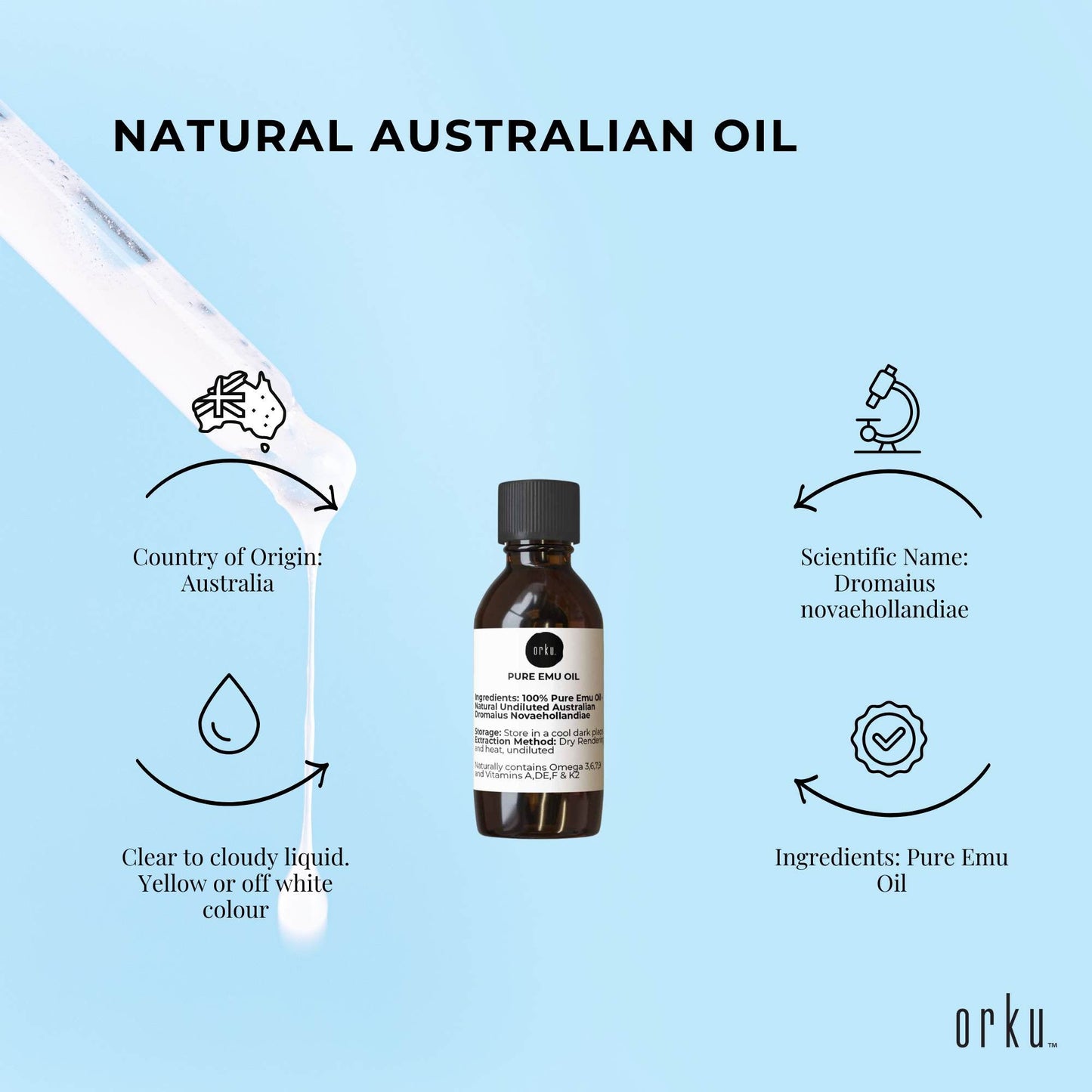 Orku 10ml Pure Emu Oil - Natural Undiluted Australian Dromaius Novaehollandiae