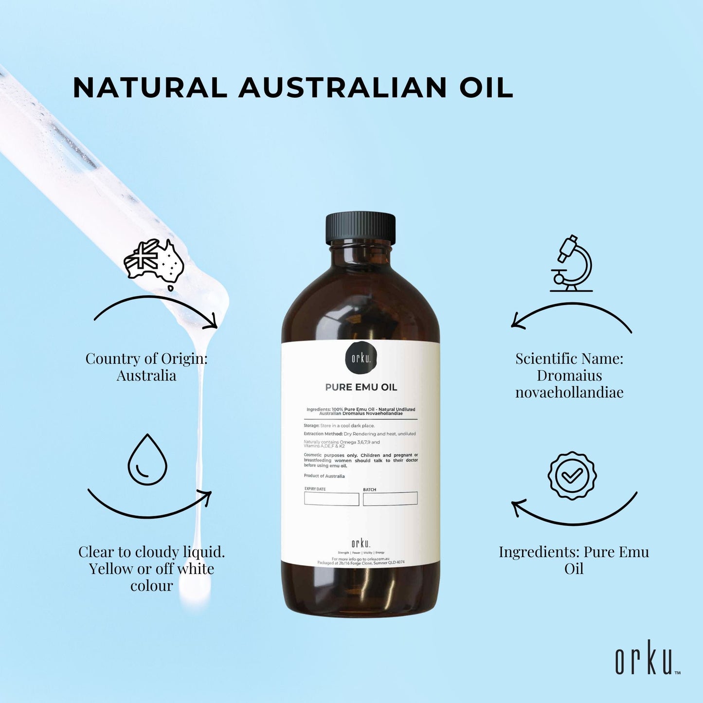 Orku 500ml Pure Emu Oil - Natural Undiluted Australian Dromaius Novaehollandiae