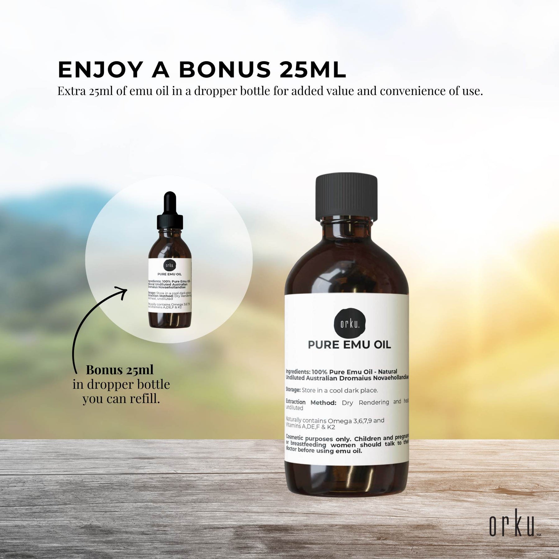 Orku 250ml Pure Emu Oil + Bonus 25ml Bottle - Australian Dromaius Novaehollandiae - SuperSaverAU - view 5
