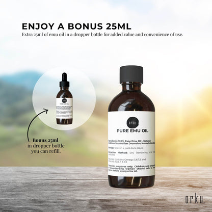 Orku 250ml Pure Emu Oil + Bonus 25ml Bottle - Australian Dromaius Novaehollandiae