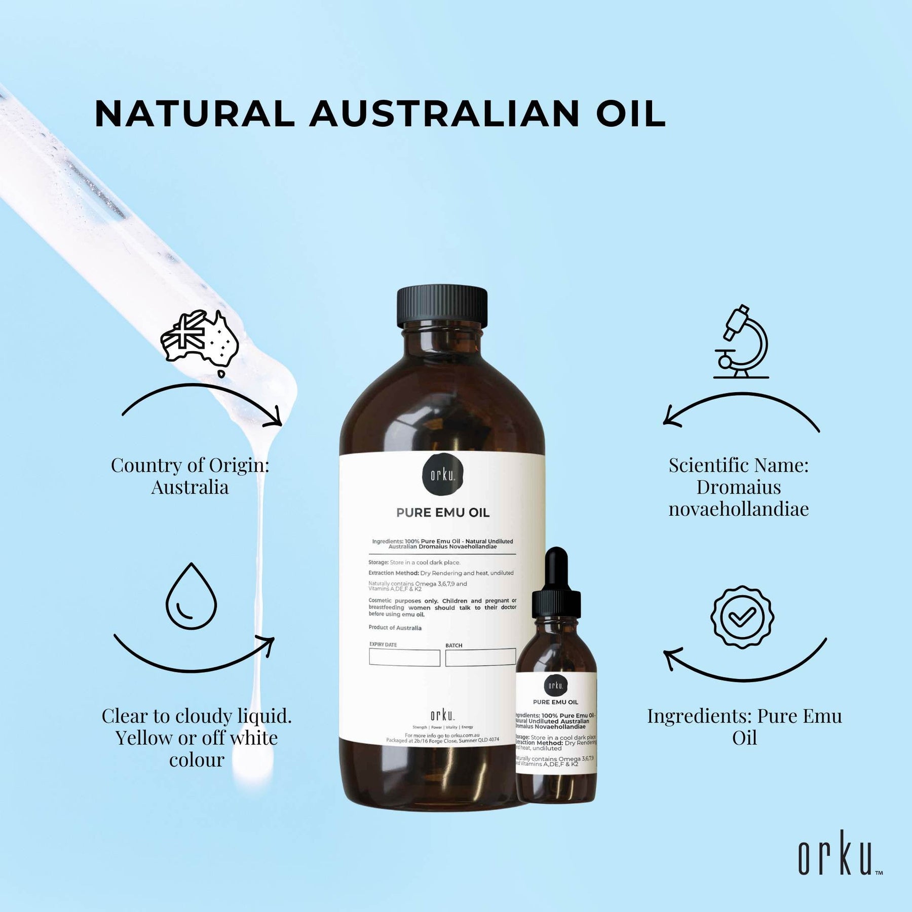 Orku 1L Pure Emu Oil + Bonus 25ml Bottle - Australian Dromaius Novaehollandiae - SuperSaverAU - view 4