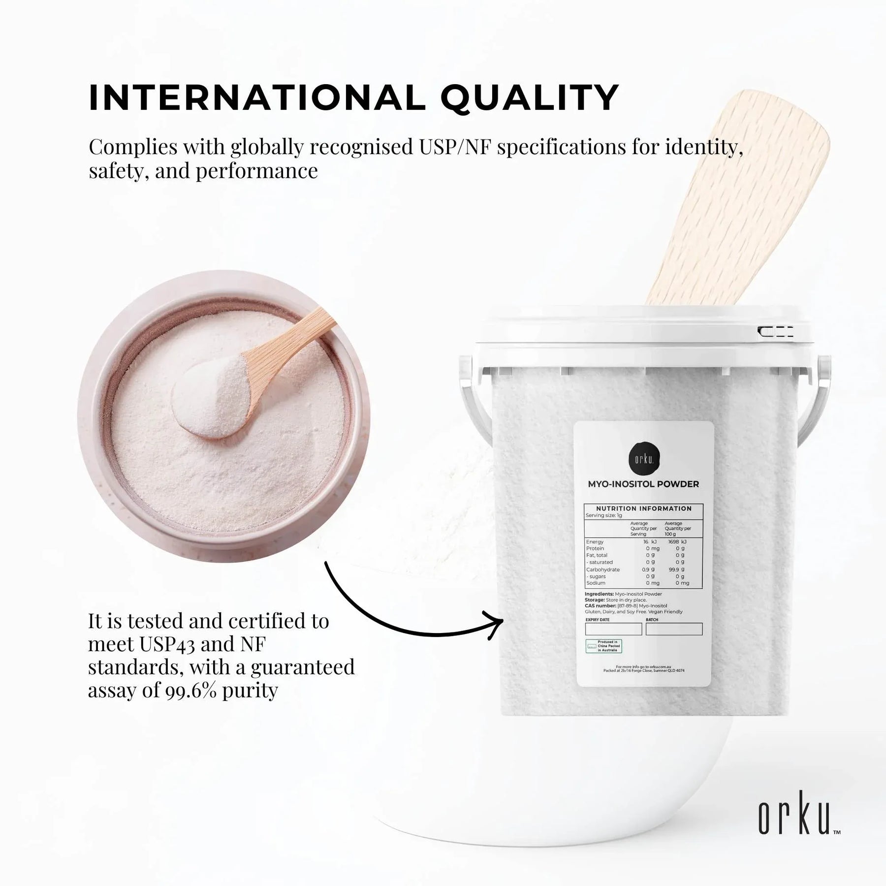 Orku Myo Inositol 800g Powder - USP Grade, Vegan, Gluten-Free, Unflavoured