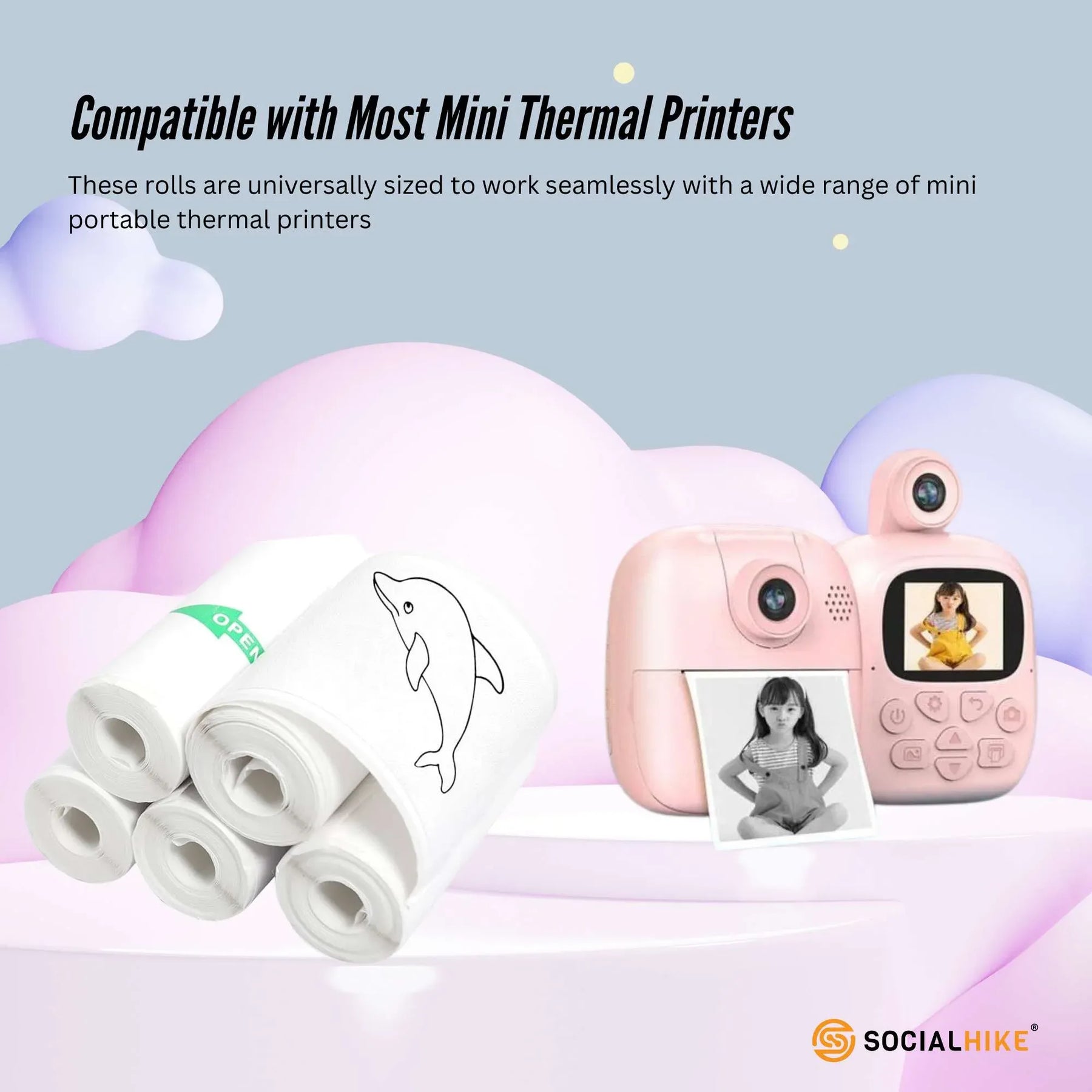 Social Hike 5 Pack Thermal Printer Sticker Rolls 57mm x 430mm - Ink-Free Printing