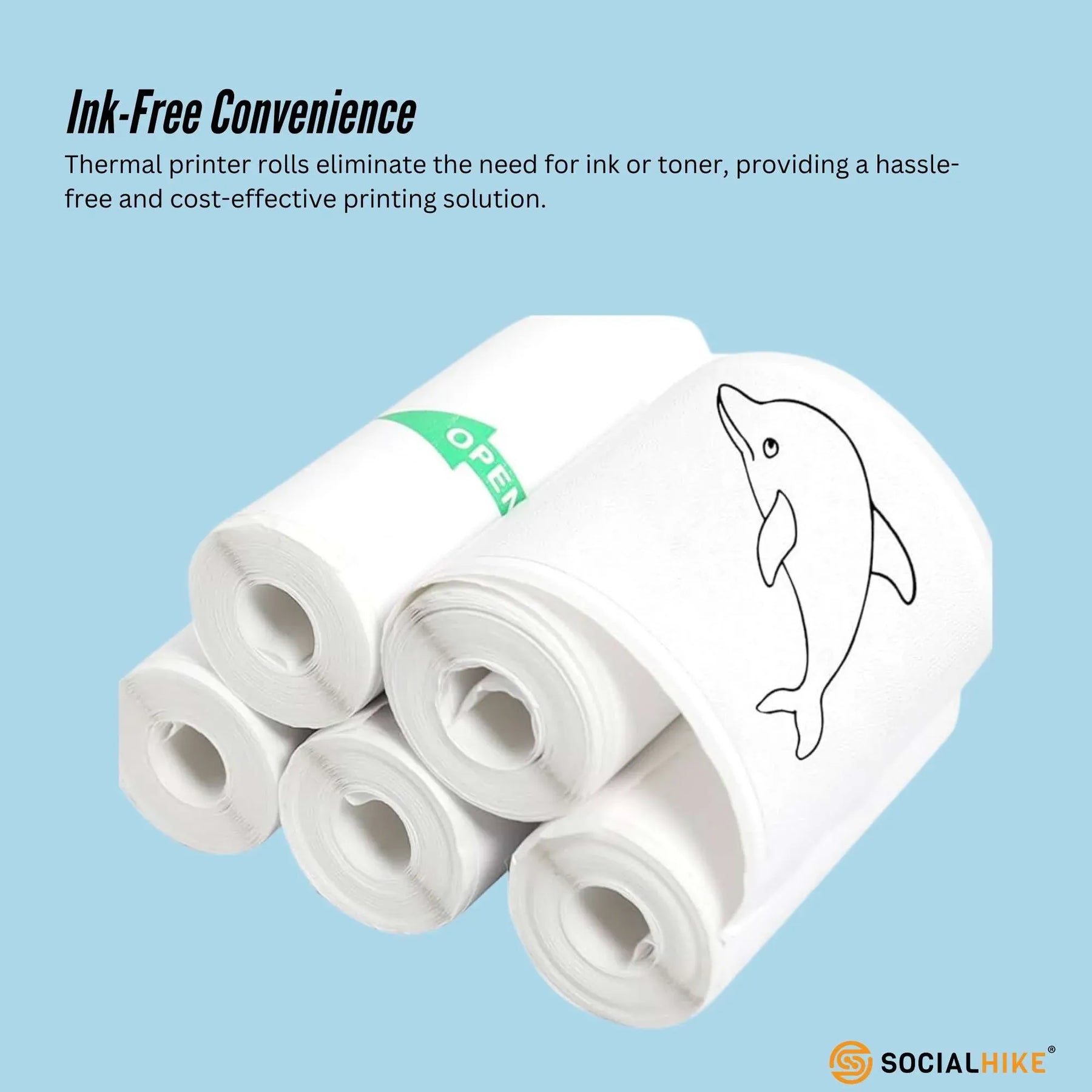 Social Hike 5 Pack Thermal Printer Sticker Rolls 57mm x 430mm - Ink-Free Printing