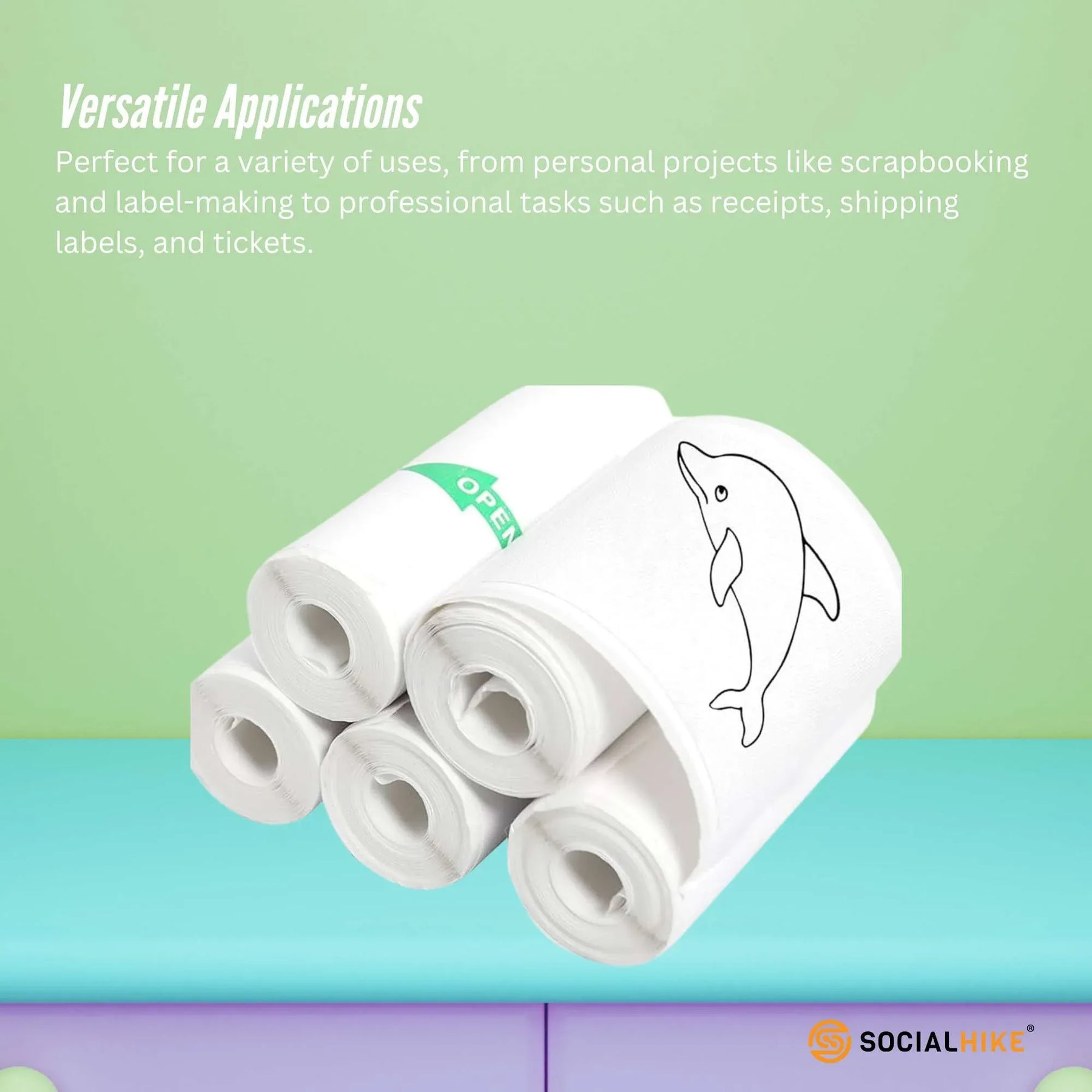 Social Hike 5 Pack Thermal Printer Sticker Rolls 57mm x 430mm - Ink-Free Printing
