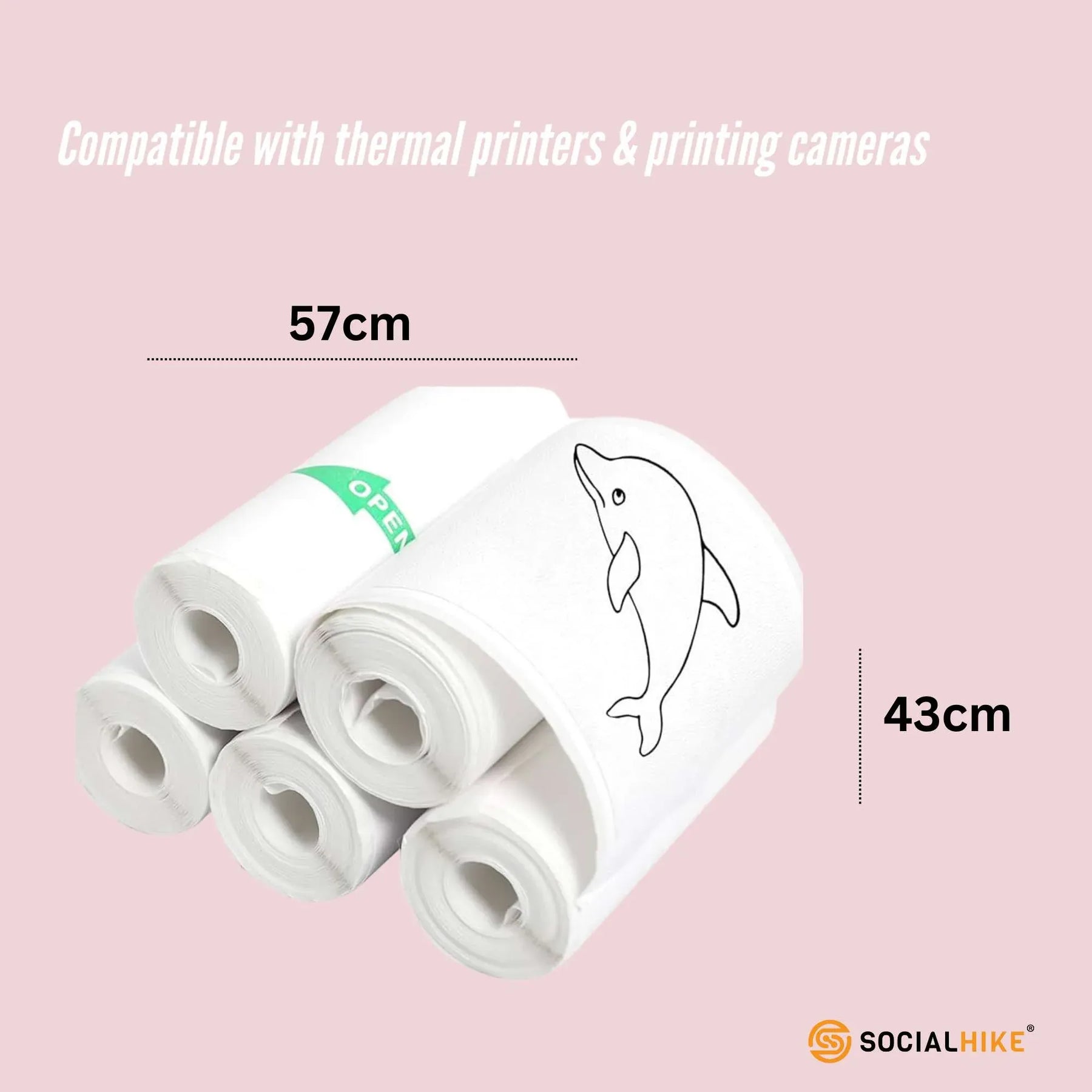 Social Hike 5 Pack Thermal Printer Sticker Rolls 57mm x 430mm - Ink-Free Printing