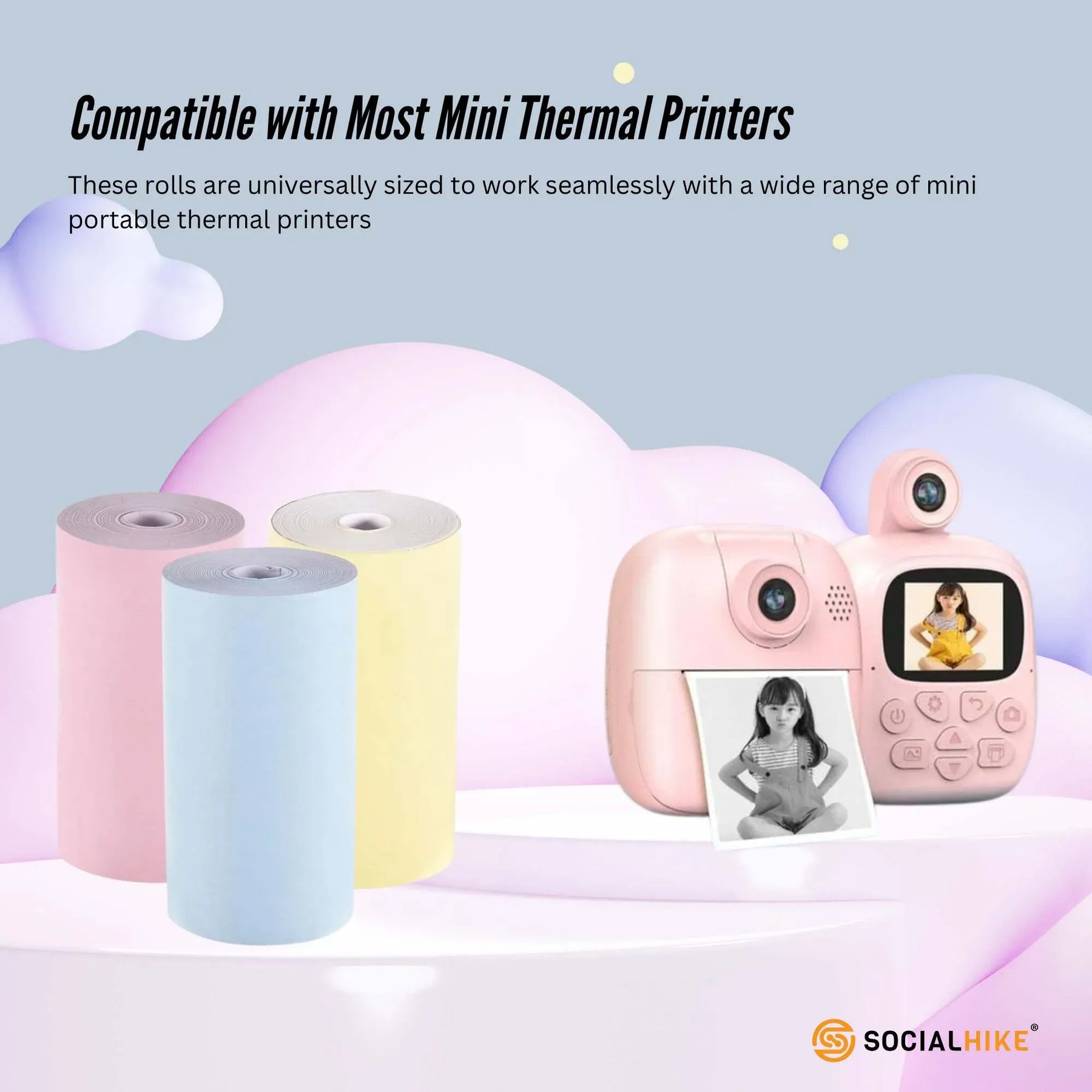 Social Hike 3 Pack Thermal Paper Rolls - Coloured, 57mm x 430mm, Ink-Free
