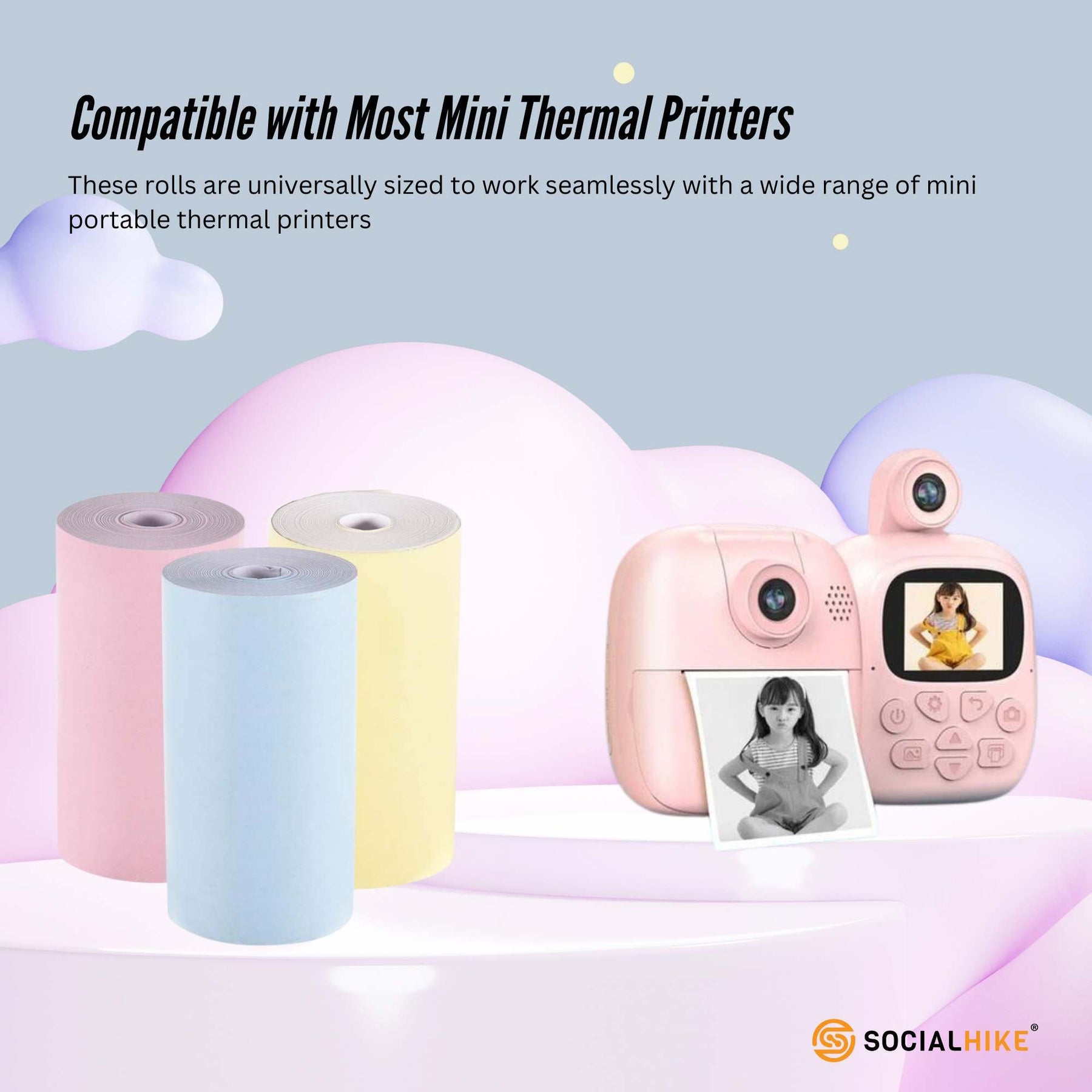 Social Hike 3 Pack Thermal Paper Rolls - Coloured, 57mm x 430mm, Ink-Free - SuperSaverAU - view 2