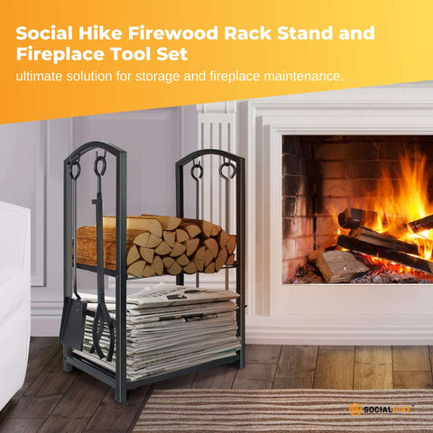 Social Hike Firewood Rack with Fireplace Tool Set - Steel, 50cm