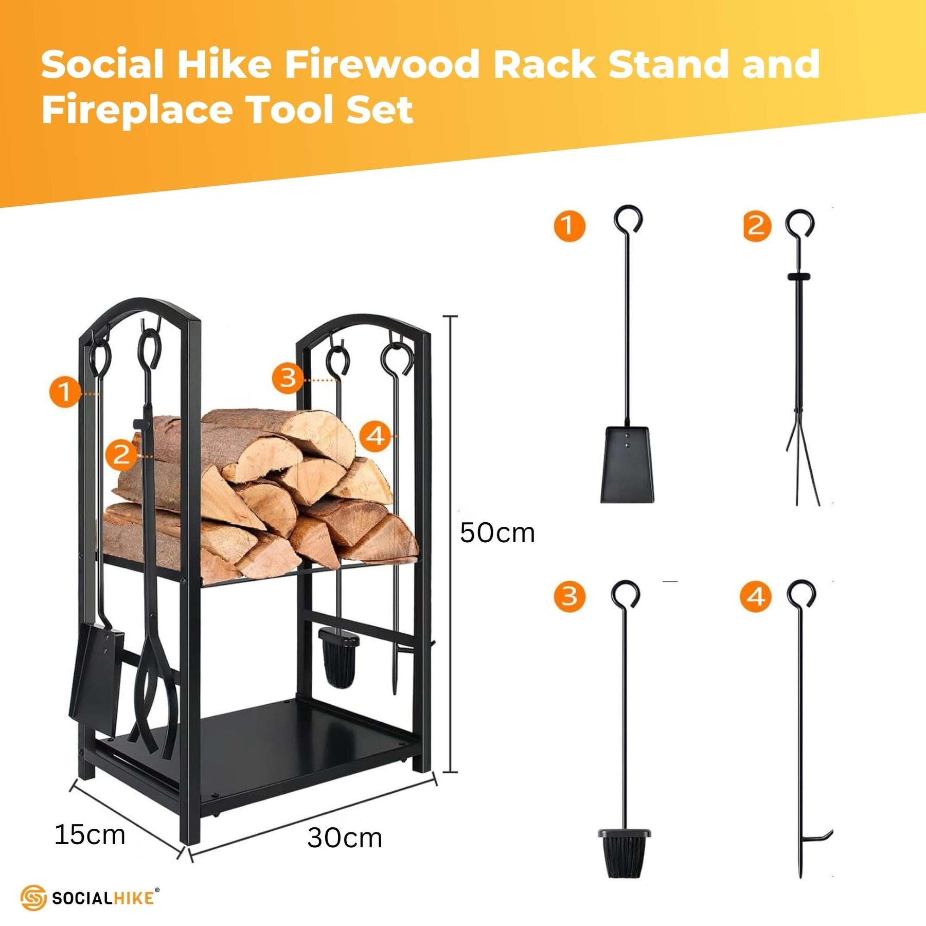 Social Hike Firewood Rack with Fireplace Tool Set - Steel, 50cm