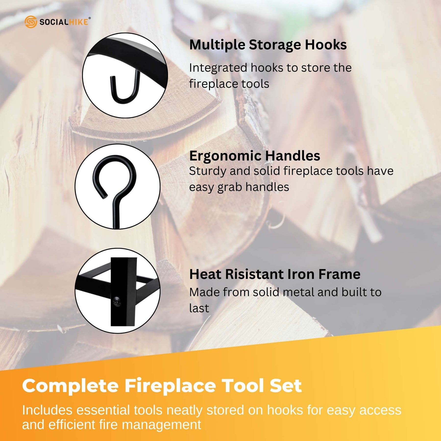 Social Hike Firewood Rack with Fireplace Tool Set - Steel, 50cm