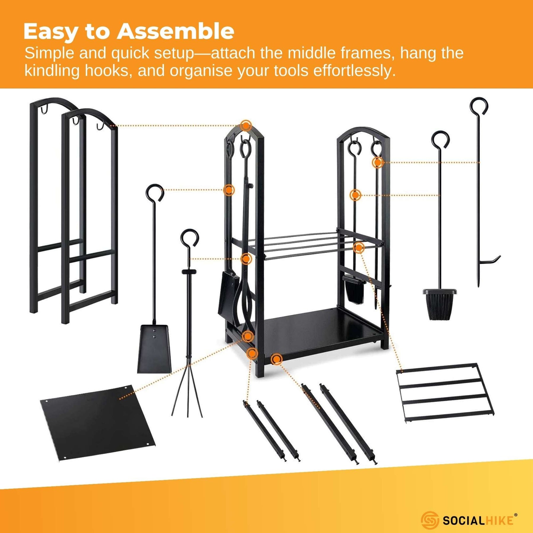 Social Hike Firewood Rack with Fireplace Tool Set - Steel, 50cm