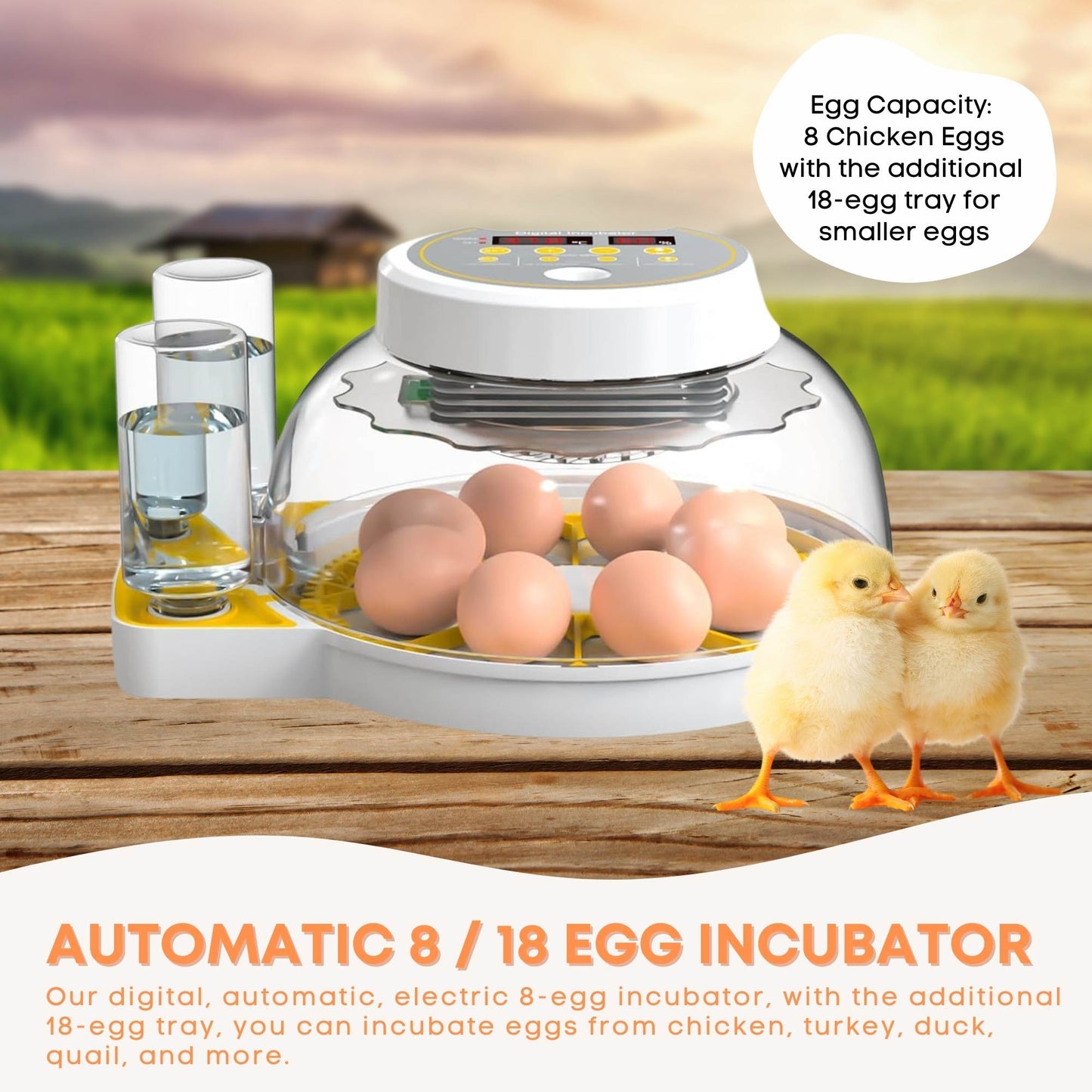 Automatic 8/18 Egg Incubator - Electric Turning, Dual Power Supply, Humidity Control