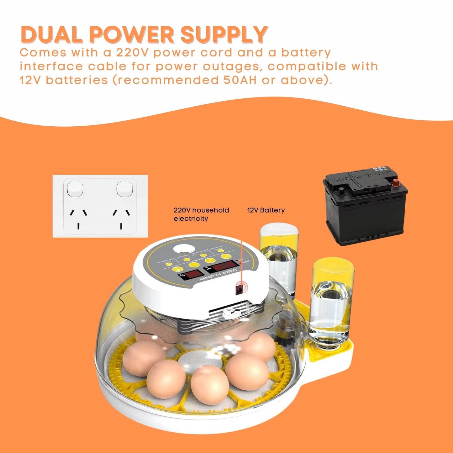 Automatic 8/18 Egg Incubator - Electric Turning, Dual Power Supply, Humidity Control