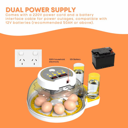 Automatic 8/18 Egg Incubator - Electric Turning, Dual Power Supply, Humidity Control