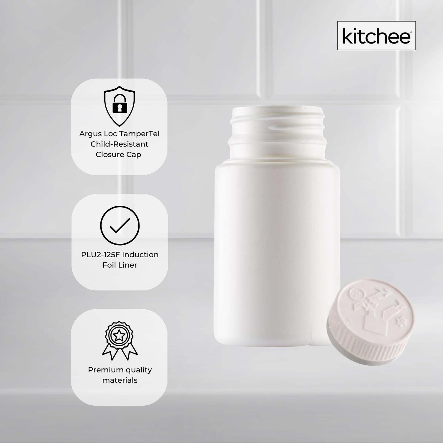 Kitchee 10x Tablet Bottles 90ml + 38mm TamperTel Child Resistant Cap - Round