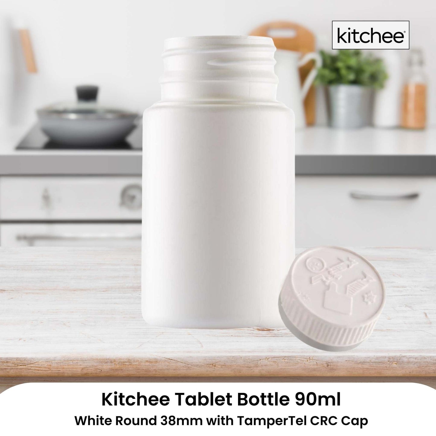 Kitchee 90ml Empty Tablet Bottles with Child Resistant Caps - 100 Pack