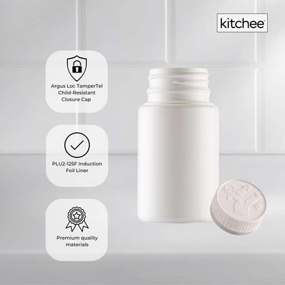 Kitchee 90ml Empty Tablet Bottles with Child Resistant Caps - 100 Pack