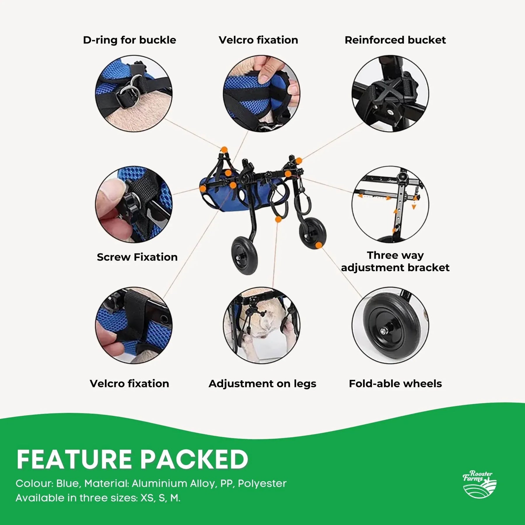Rooster Farms Dog Wheelchair Medium Harness - Adjustable, Lightweight, Durable