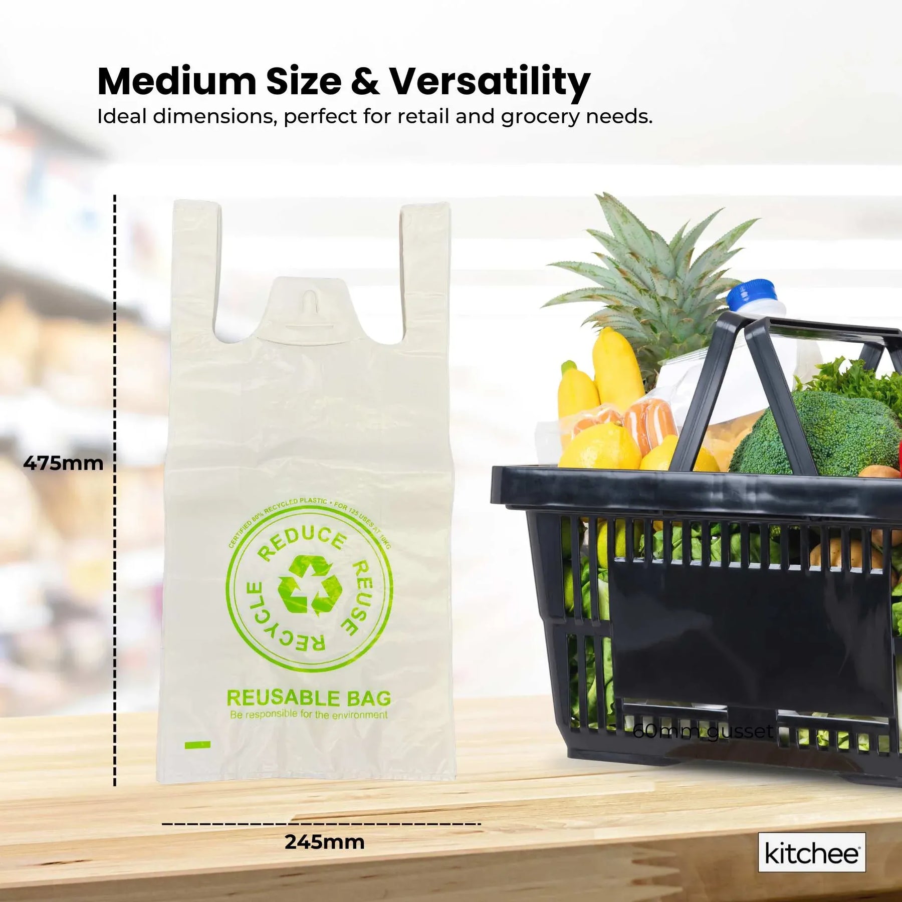 Premium Reusable Plastic Singlet Shopping Bags 38um QLD Compliant - 100 Pack
