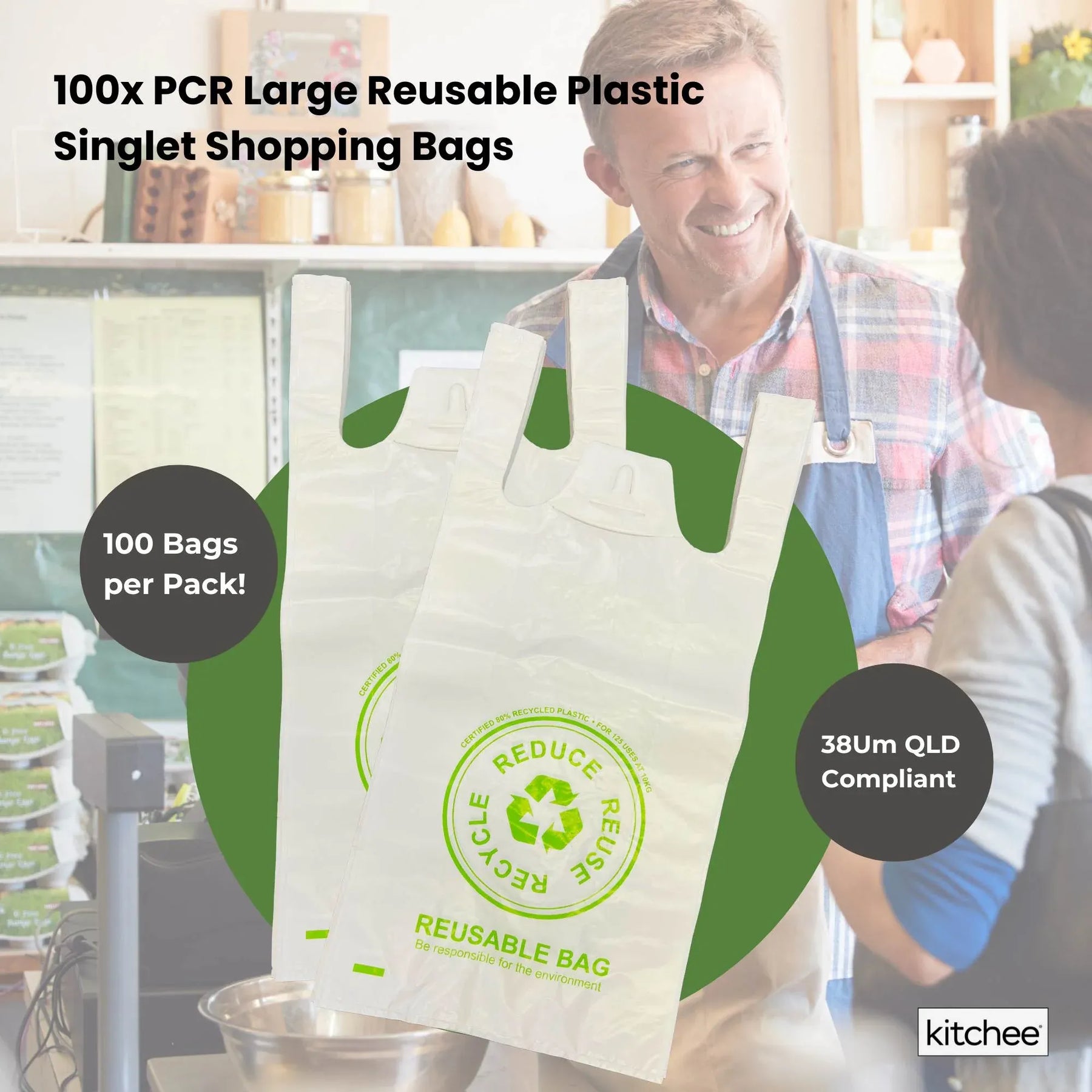 Premium Reusable Plastic Singlet Shopping Bags 38um QLD Compliant - 100 Pack