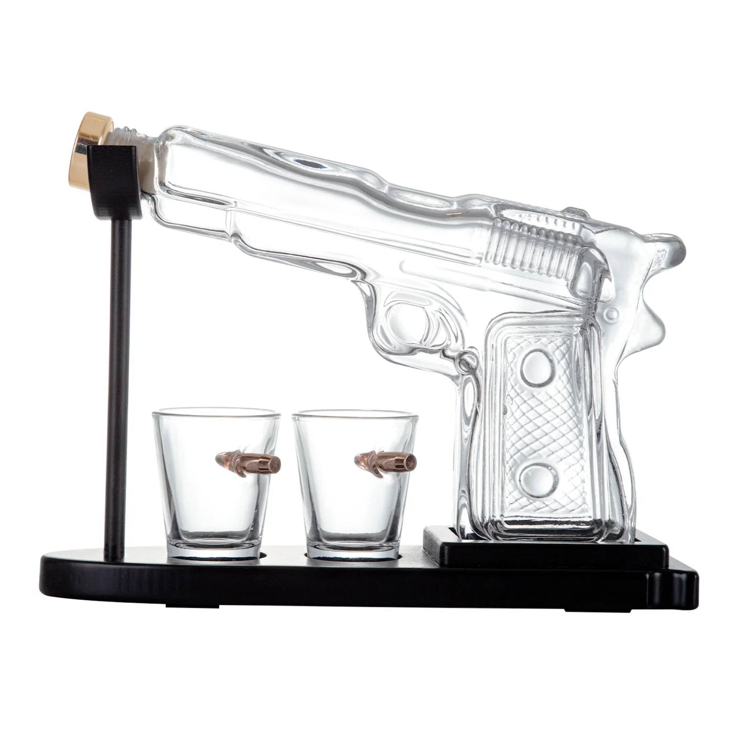 225mL Whisky or Wine Decanter Glass Pistol Set - 2 Shot Glasses + Wooden Stand