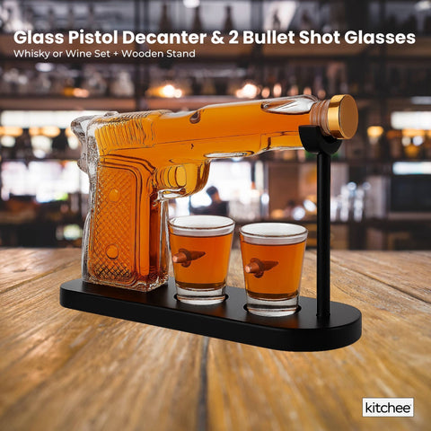 Glass Gun-Shaped Whiskey Decanter Set 1175ml with 2 Bullet Shot Glasses & Stand - SuperSaverAU - view 2